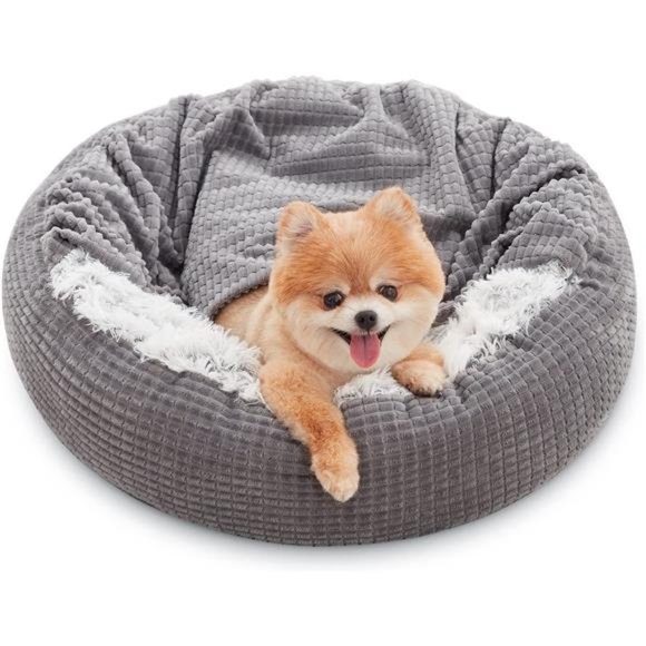 MIXJOY Small Dog Bed with Blanket Attached Round Donut Anti-Anxiety